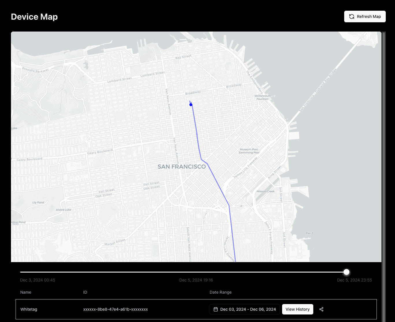 GPS asset tracking timeline showing equipment movement patterns and historical location data
